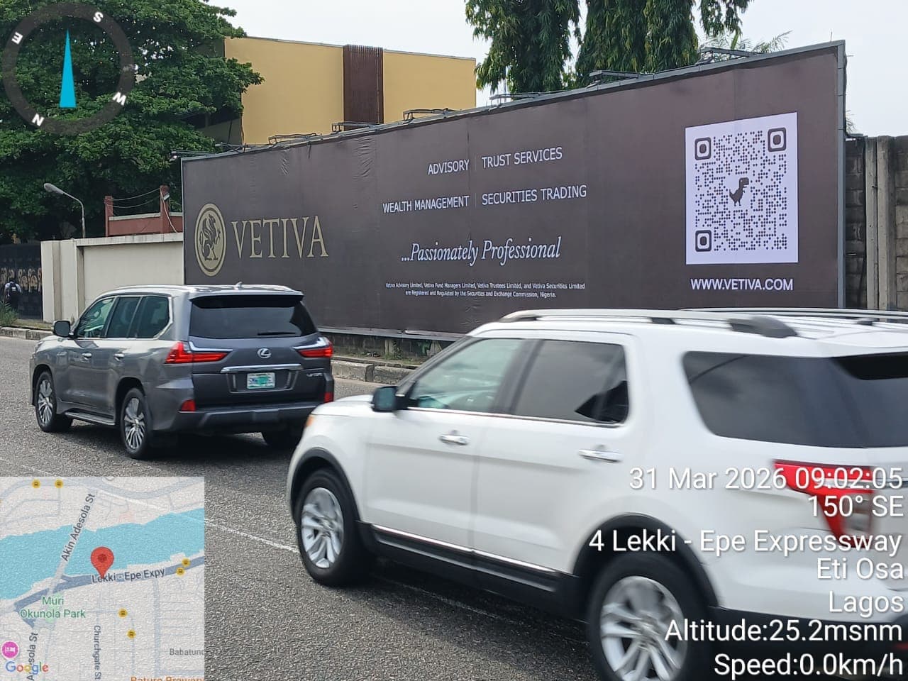 Vetiva billboard on the Lekki-Epe Expressway listing advisory, trust, wealth management and securities trading.
