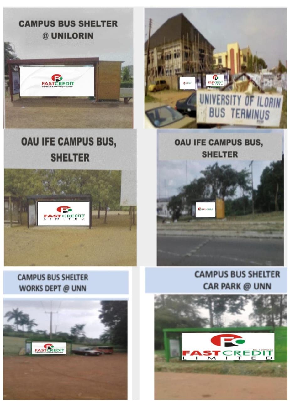 Six campus shelters across Ilorin, Ife and Nsukka shown together with indicative FastCredit branding.