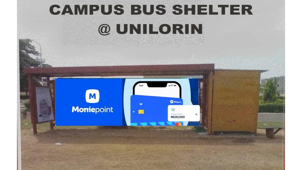 Campus bus shelter at the University of Ilorin, shown with indicative Moniepoint creative.